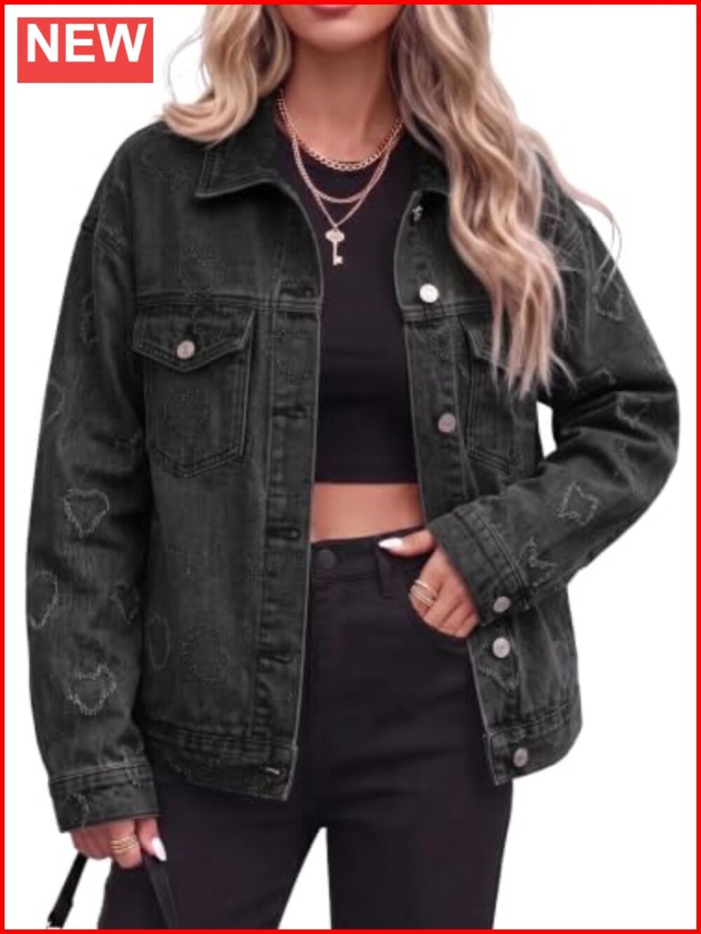 Distressed Oversized Denim Jacket with Pockets - Cotton Blend